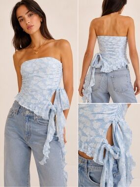 Thirty Thirty Blue Floral Jacquard Strapless Top Size Medium NWOT